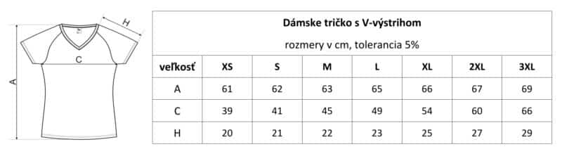 Veľkostná tabuľka - dámske tričko V-výstrih